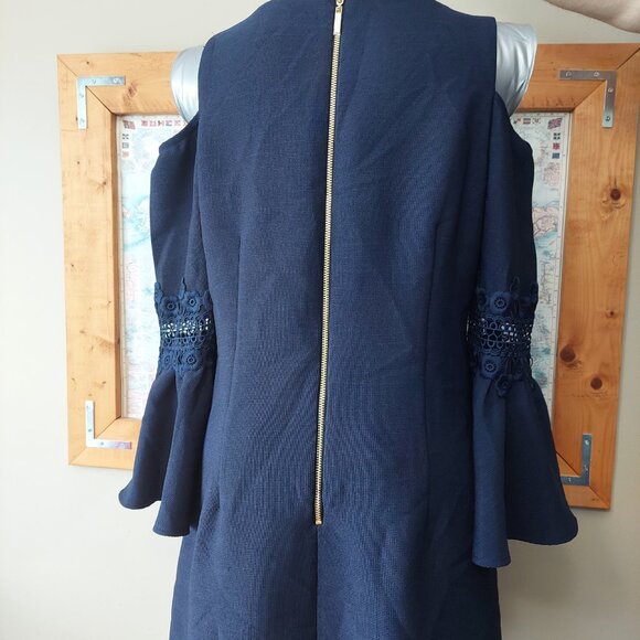 Eliza J- Blue Dress Cold Shoulder Bell Sleeve Exposed Zip Back Women's Size 12 - Picture 5 of 12
